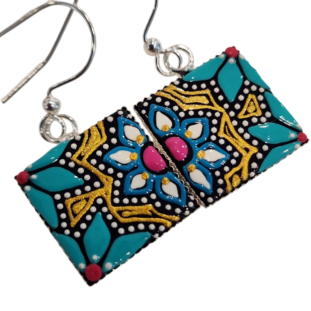 Boho mosaic earrings 925 sterling silver handmade artisan hand painted enamel